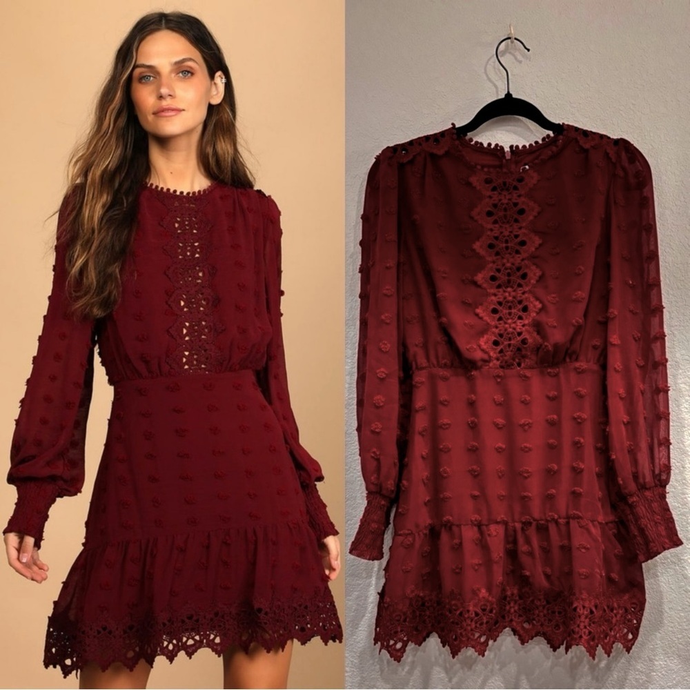 Size XS Lulus Lust or Love Wine Red‎ Embroidered Lace Long Sleeve Dress